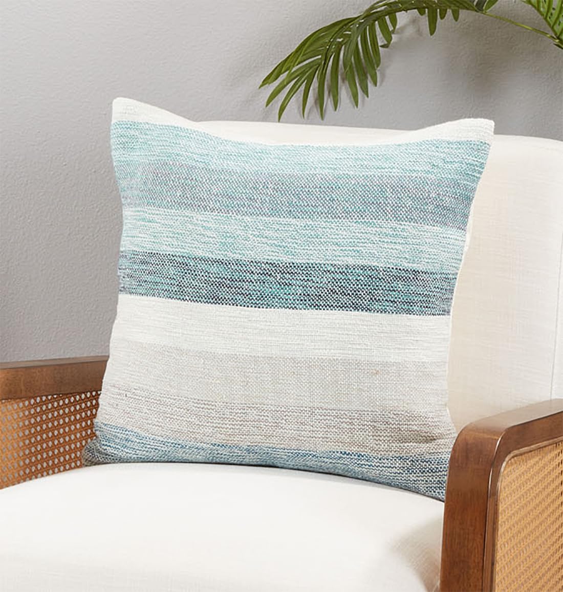 Fennco Styles Coastal Striped Cotton Blend Decorative Throw Pillow 20" W x 20" L - Aqua Square Cushion for Home, Couch, Bedroom, Living Room and Office Décor