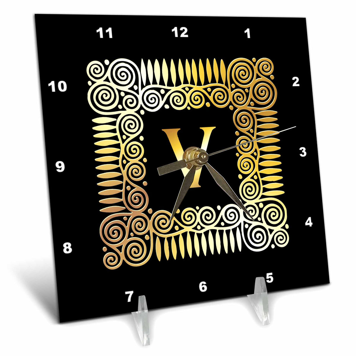 3dRose Russ Billington Monograms- Spirals- Letter V - Letter V- Image of Spirals Forming a Square- not Metal foil - Desk Clocks
