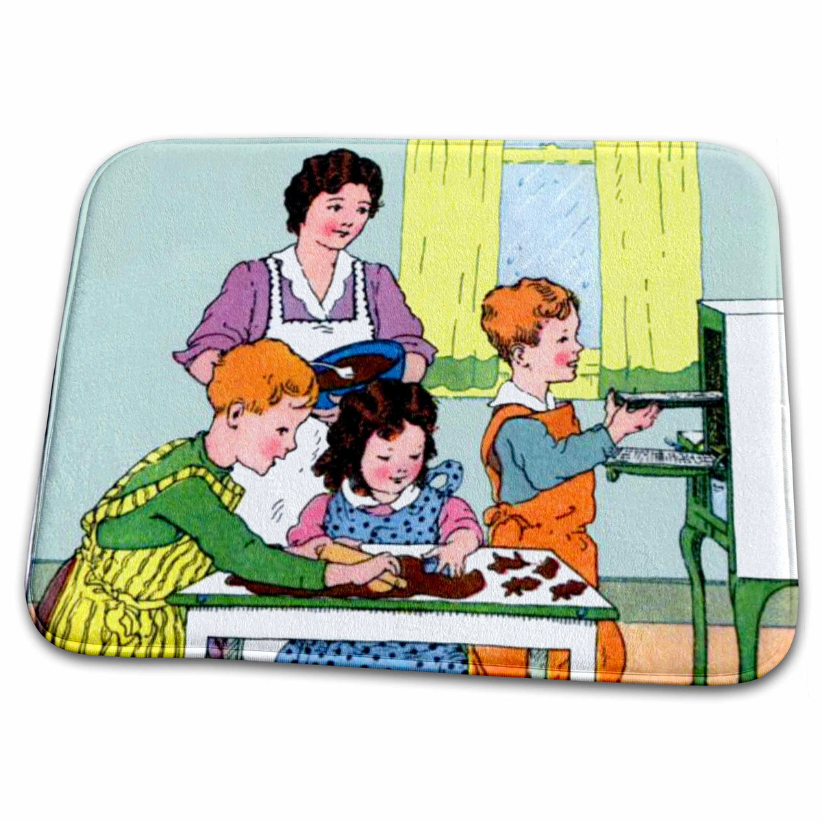 Dish Drying Mat - Print of Vintage Scene With Mother Baking Cookies With 3 Children Retro